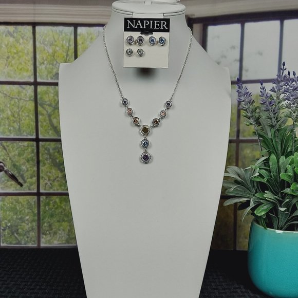 NEW NAPIER SILVER TONE MULTI-COLOR CRYSTAL Y DROP NECKLACE AND EARRING SET - Picture 3 of 9